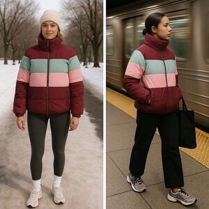 Gianni Bini Colorblock Puffer Coat L Burgundy Pink Mint Y2K Après-Ski Streetwear
